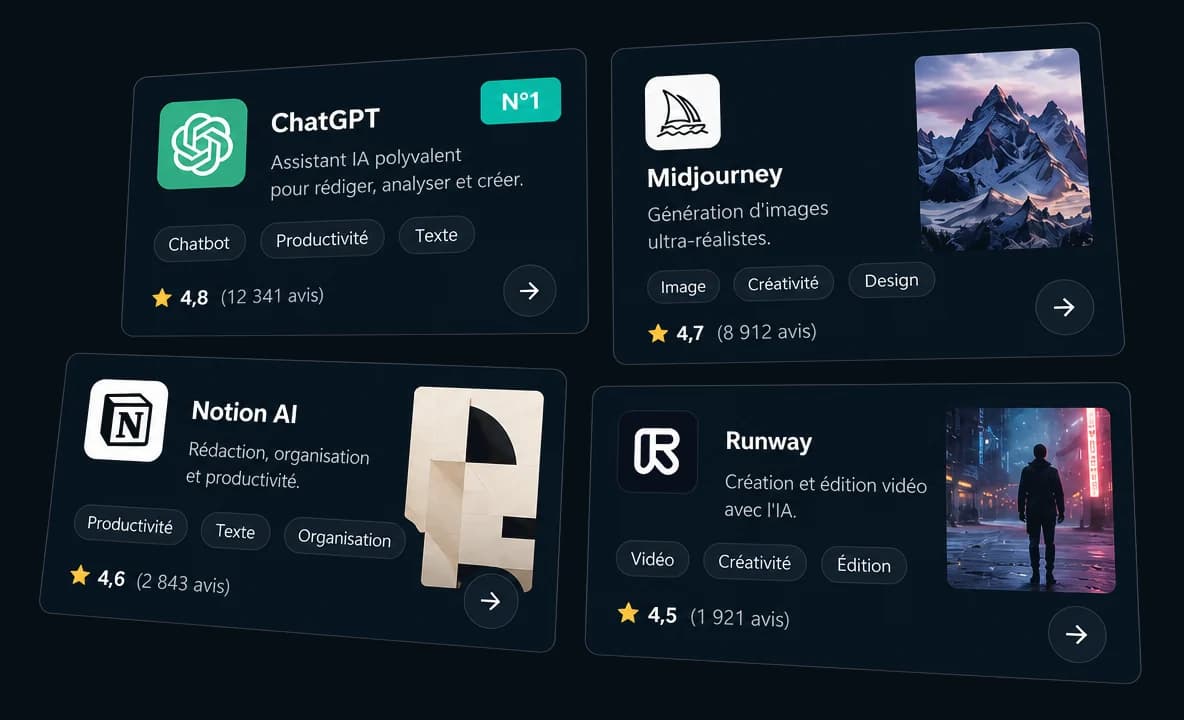 Aperçu de fiches d'outils IA : ChatGPT, Midjourney, Notion AI et Runway