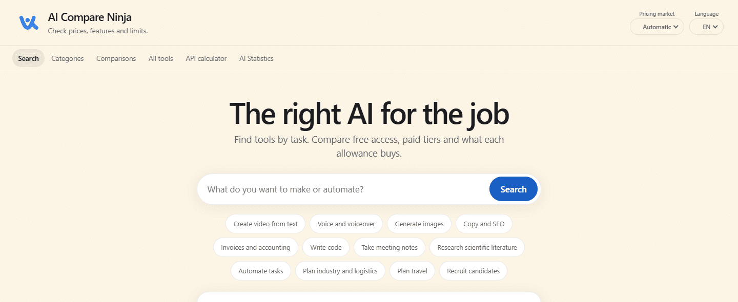 Page de recherche d’AI Compare Ninja avec champ de recherche et accès aux comparaisons par tâche.