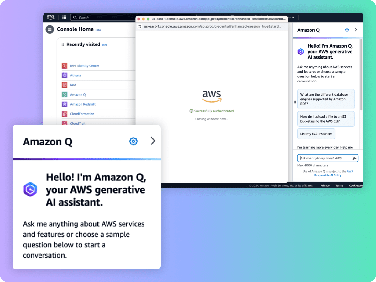 Capture d’écran d’Amazon Q, l’assistant conversationnel IA d’AWS, affiché dans la console Amazon Web Services.