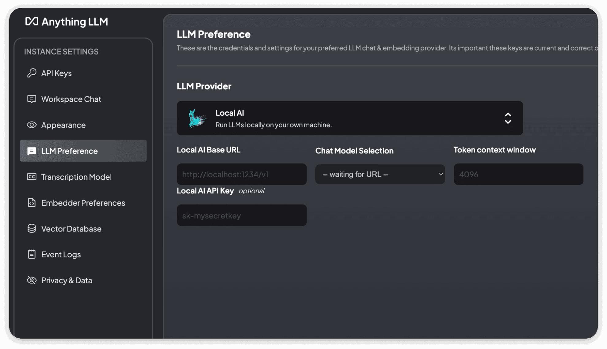Capture de l’interface d’AnythingLLM affichant les préférences du modèle LLM et la configuration du fournisseur local.