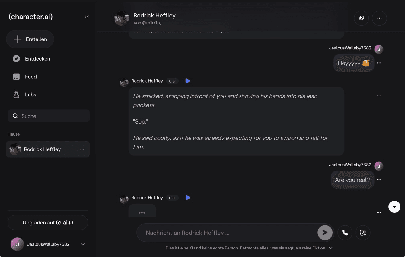 Capture d’écran de l’interface de Character.ai montrant une conversation avec un personnage virtuel alimenté par l’IA.