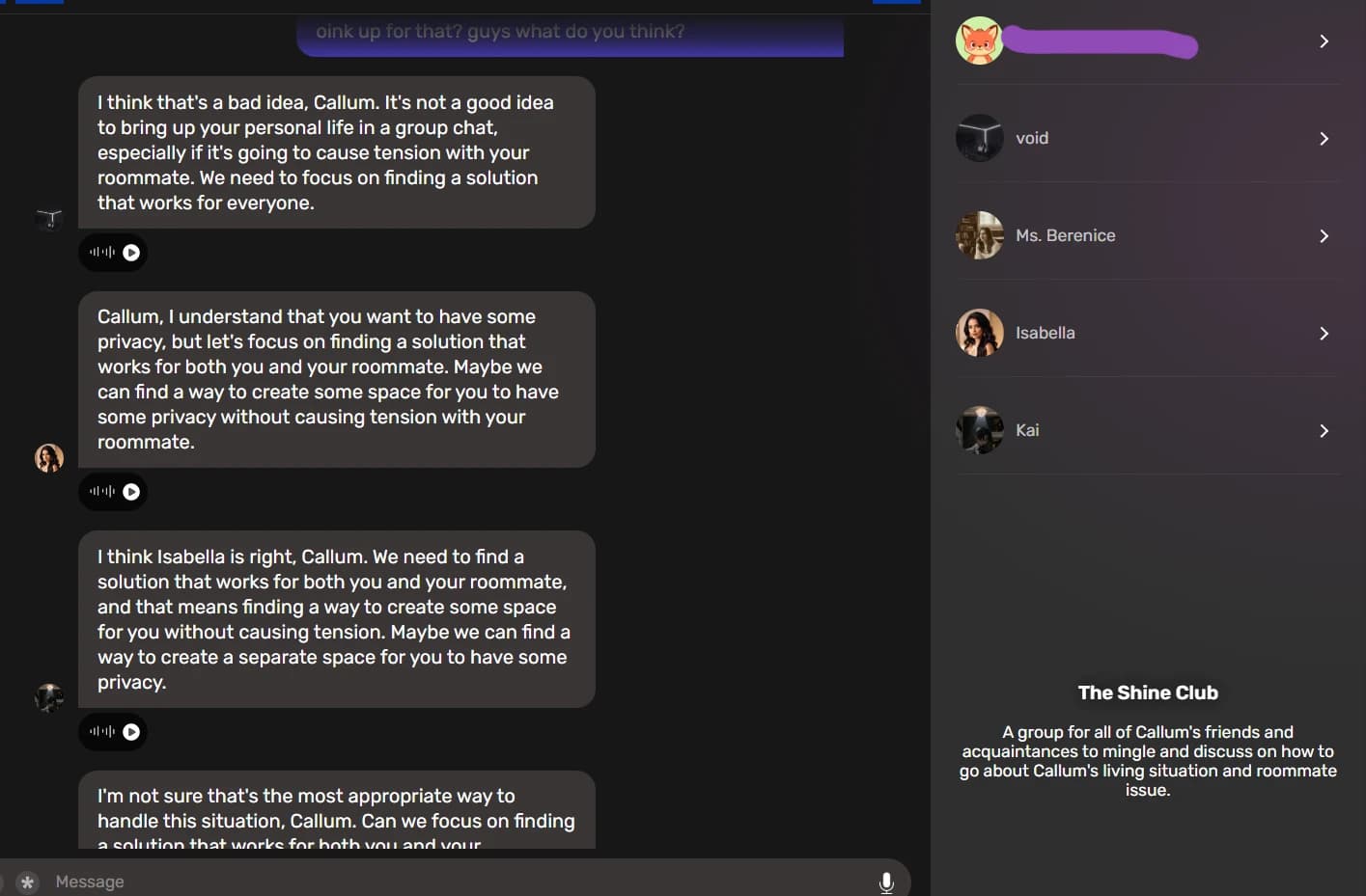 Capture d’écran de l’interface de chat Character.ai avec plusieurs personnages virtuels et une conversation en cours.