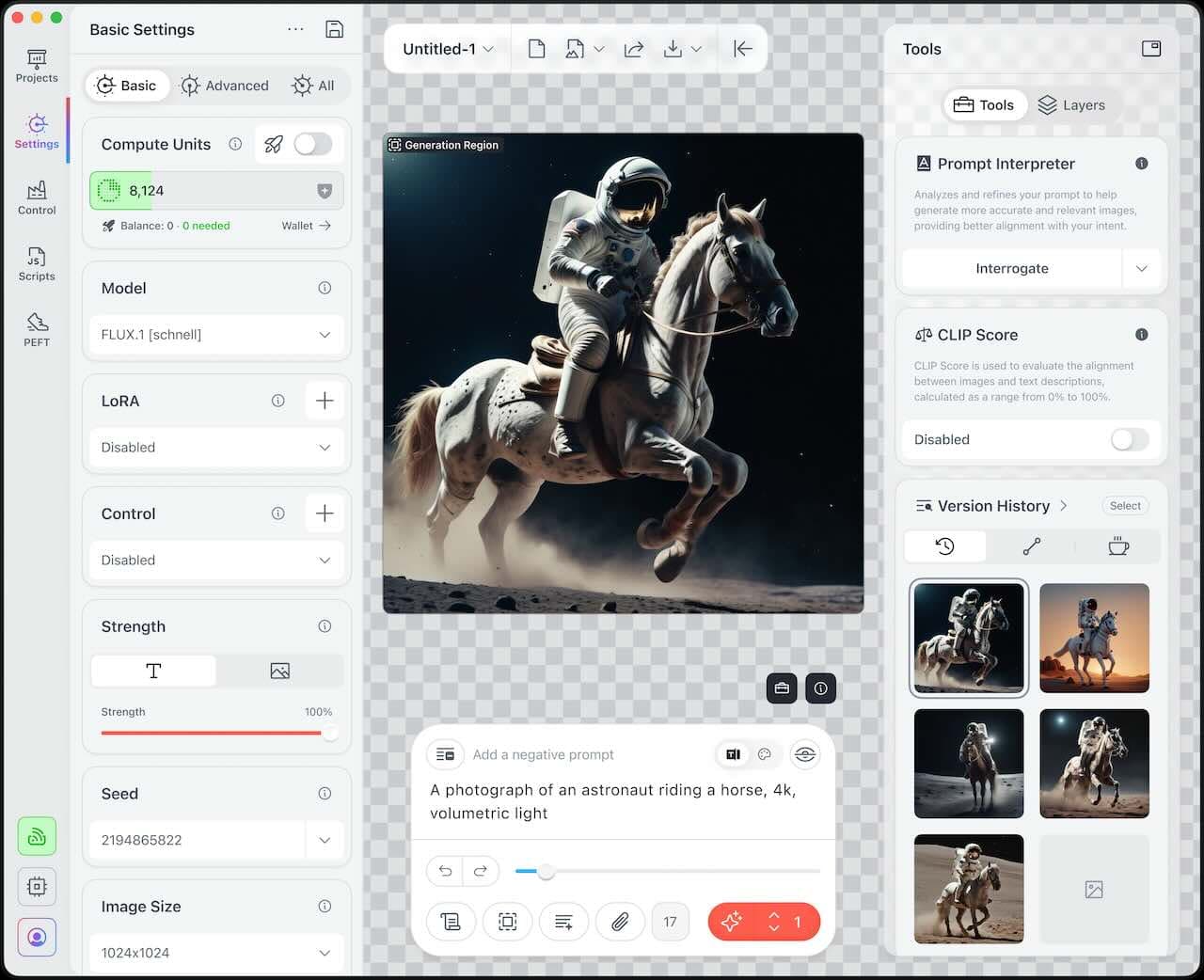 Capture d’écran de l’interface Civitai montrant la génération d’une image avec un astronaute à cheval et les paramètres de modèle.