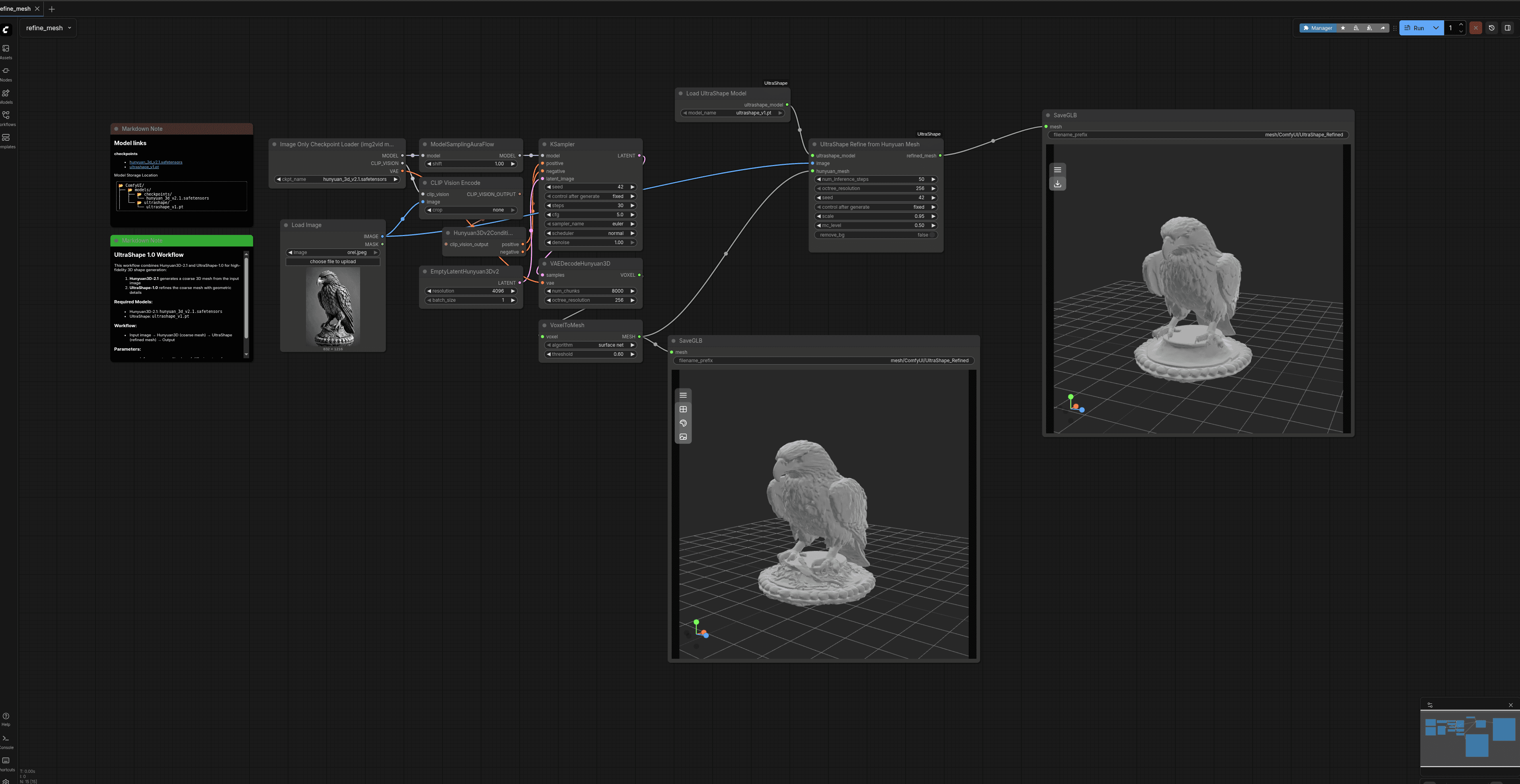 Capture d’écran d’un workflow Civitai montrant un traitement de modèle 3D dans une interface de génération IA.