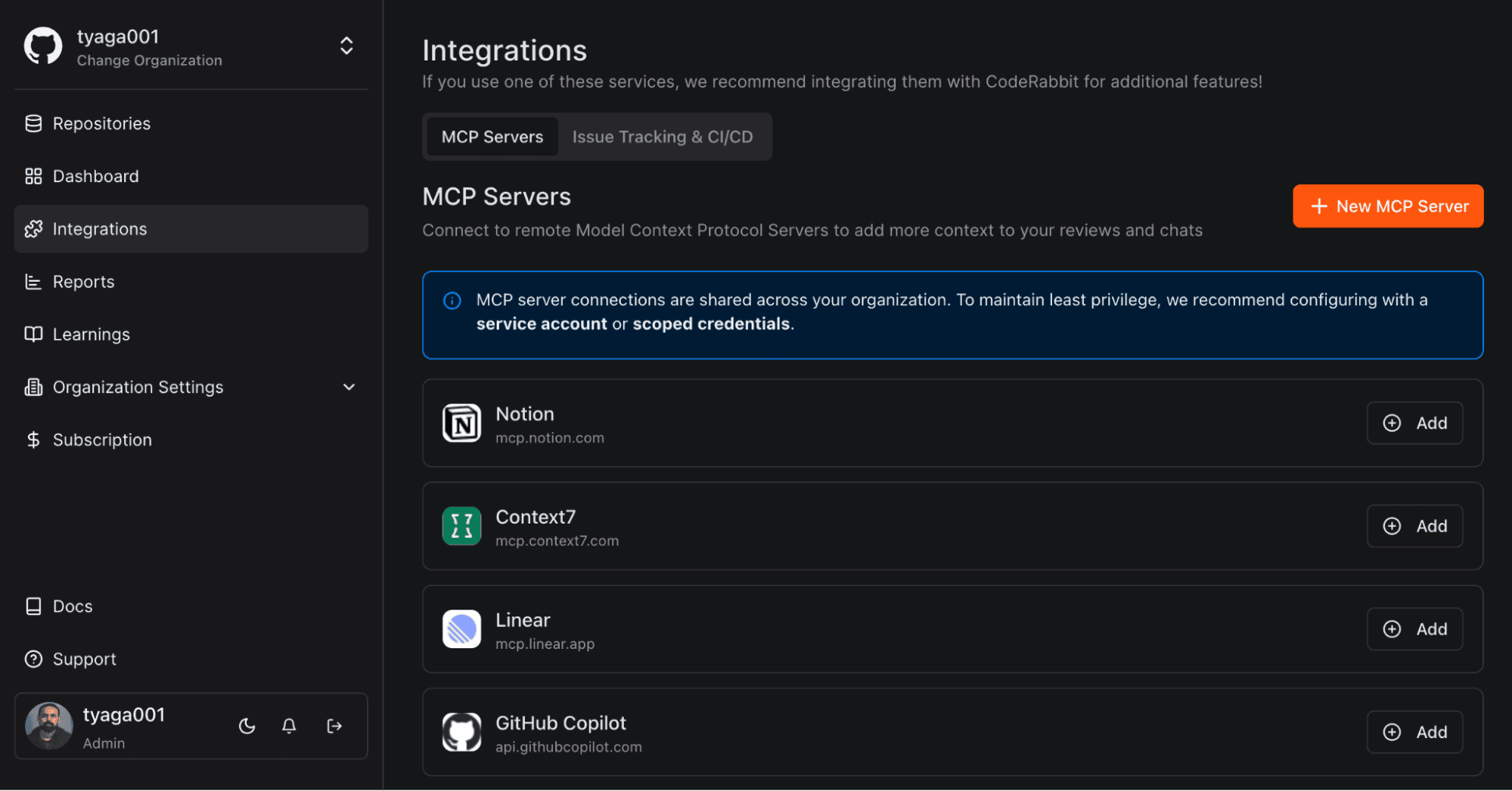 Tableau de bord CodeRabbit avec la page des intégrations et la liste des serveurs MCP connectables, comme Notion, Linear ou Context7.