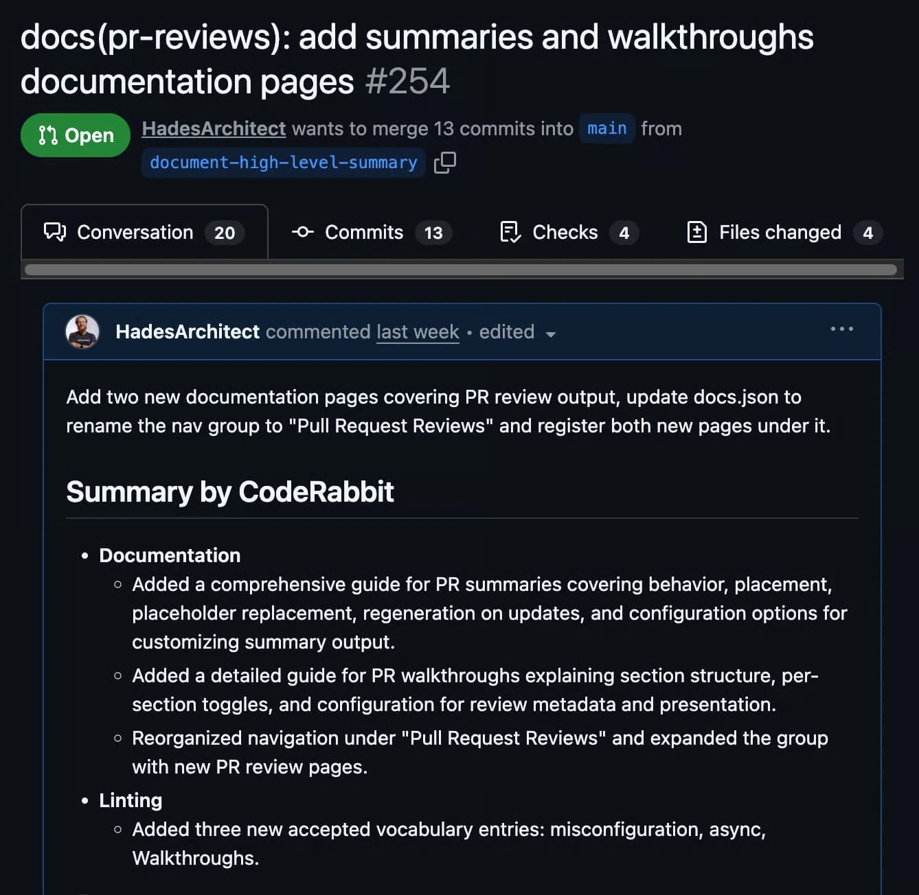 Résumé automatique de CodeRabbit publié dans une pull request GitHub, avec les changements regroupés par thème de la documentation.