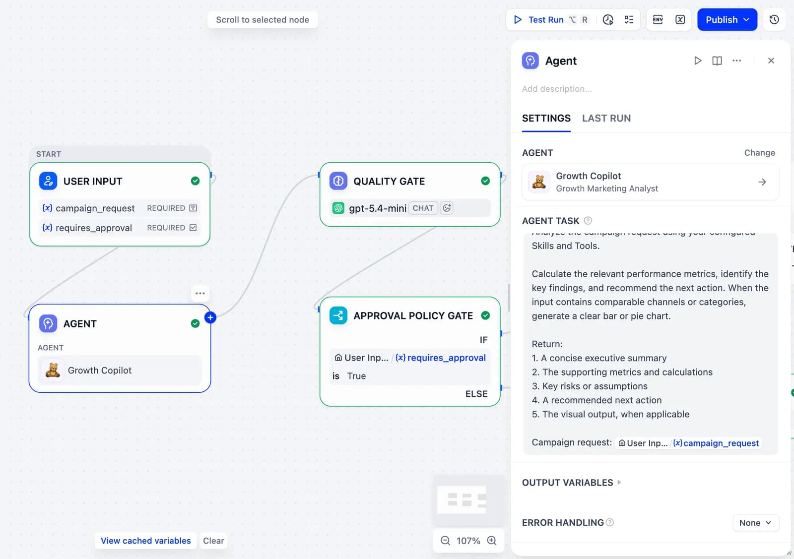 Configuration d’un agent Dify, de sa tâche et de ses conditions d’approbation dans un workflow.
