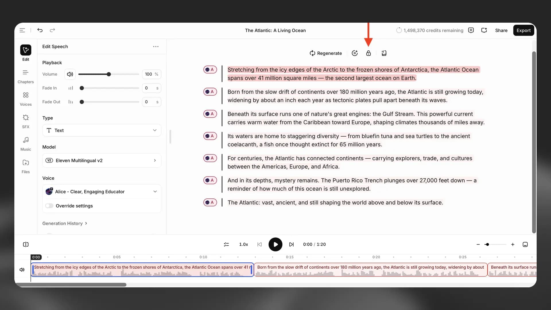 Éditeur de synthèse vocale d'ElevenLabs : texte segmenté par voix, réglages du modèle et forme d'onde audio générée.