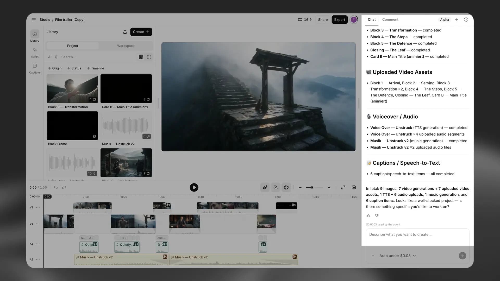 Studio ElevenLabs : montage vidéo avec timeline, pistes de voix off, musique et effets sonores et panneau d'assistant IA.