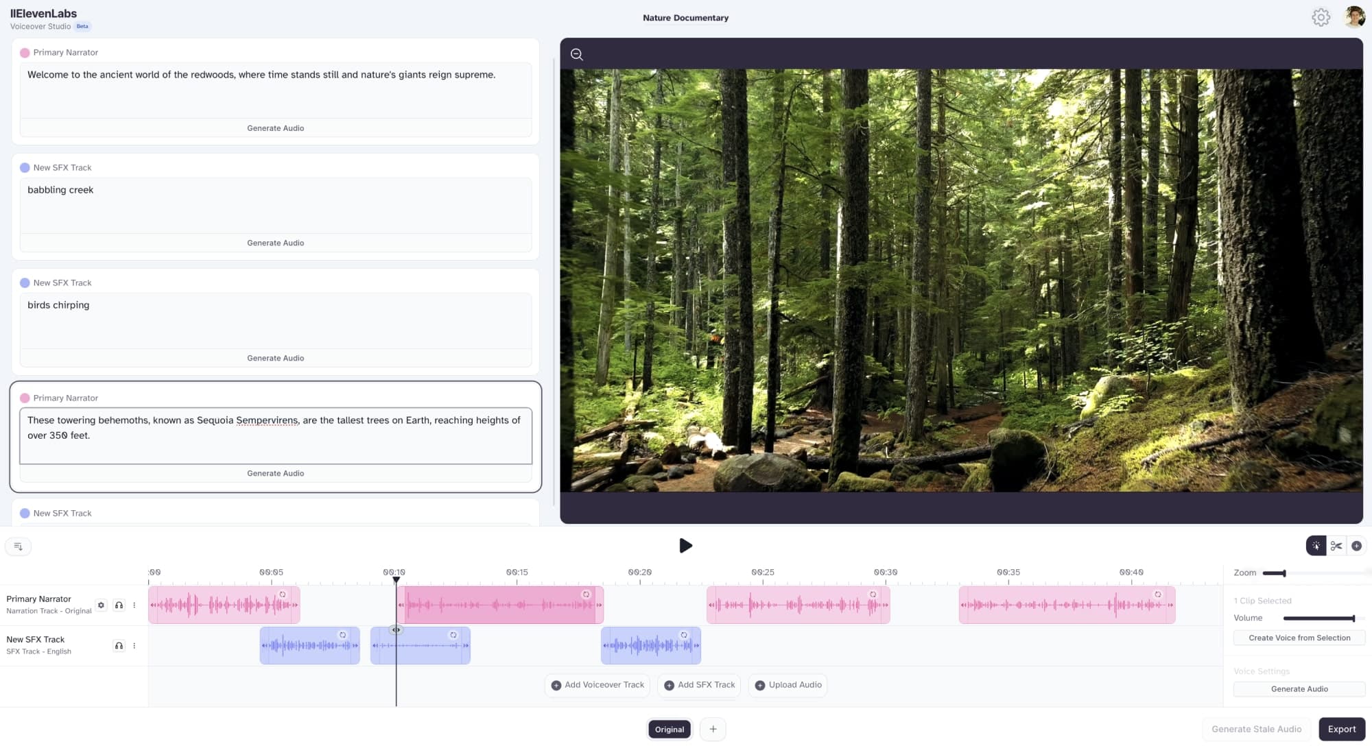 Voiceover Studio d'ElevenLabs : timeline synchronisée avec la vidéo pour placer et ajuster la narration et les pistes audio.