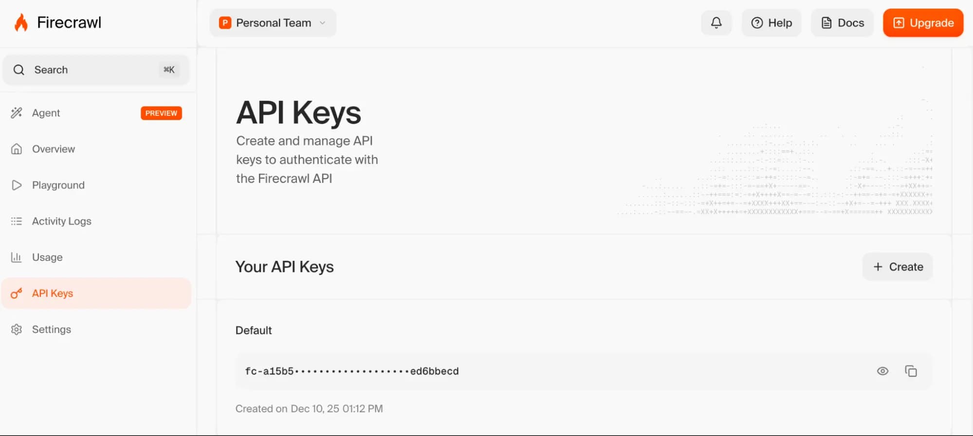 Interface Firecrawl de gestion des clés API avec une clé masquée et la navigation vers le Playground et les journaux.