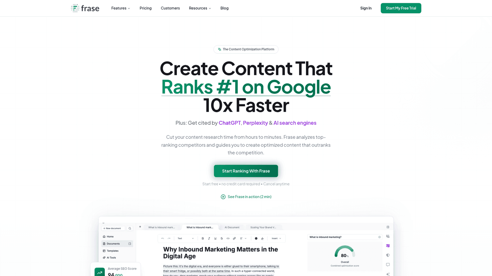 Capture de la page d’accueil de Frase, outil d’optimisation de contenu SEO et de rédaction assistée par IA.