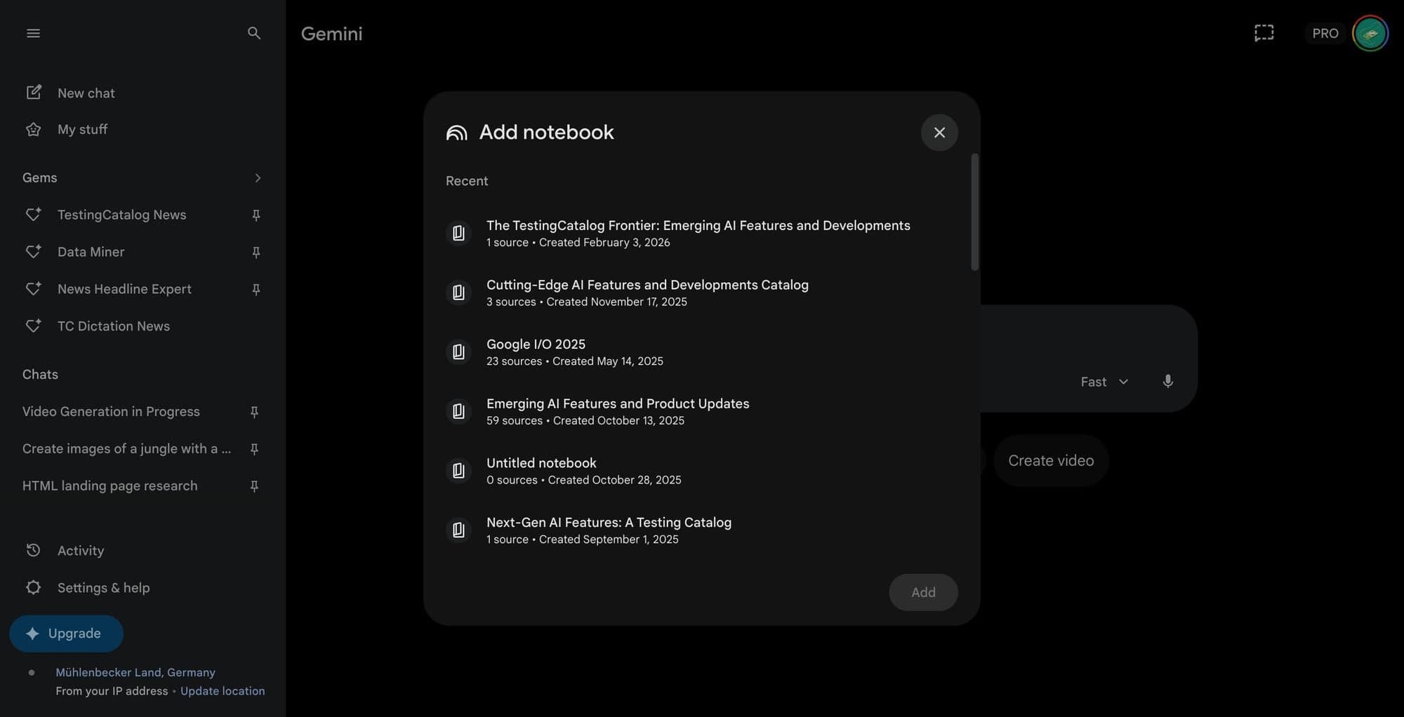 Capture d’écran de l’interface Google Gemini avec une fenêtre d’ajout de notebook et la navigation latérale visible.