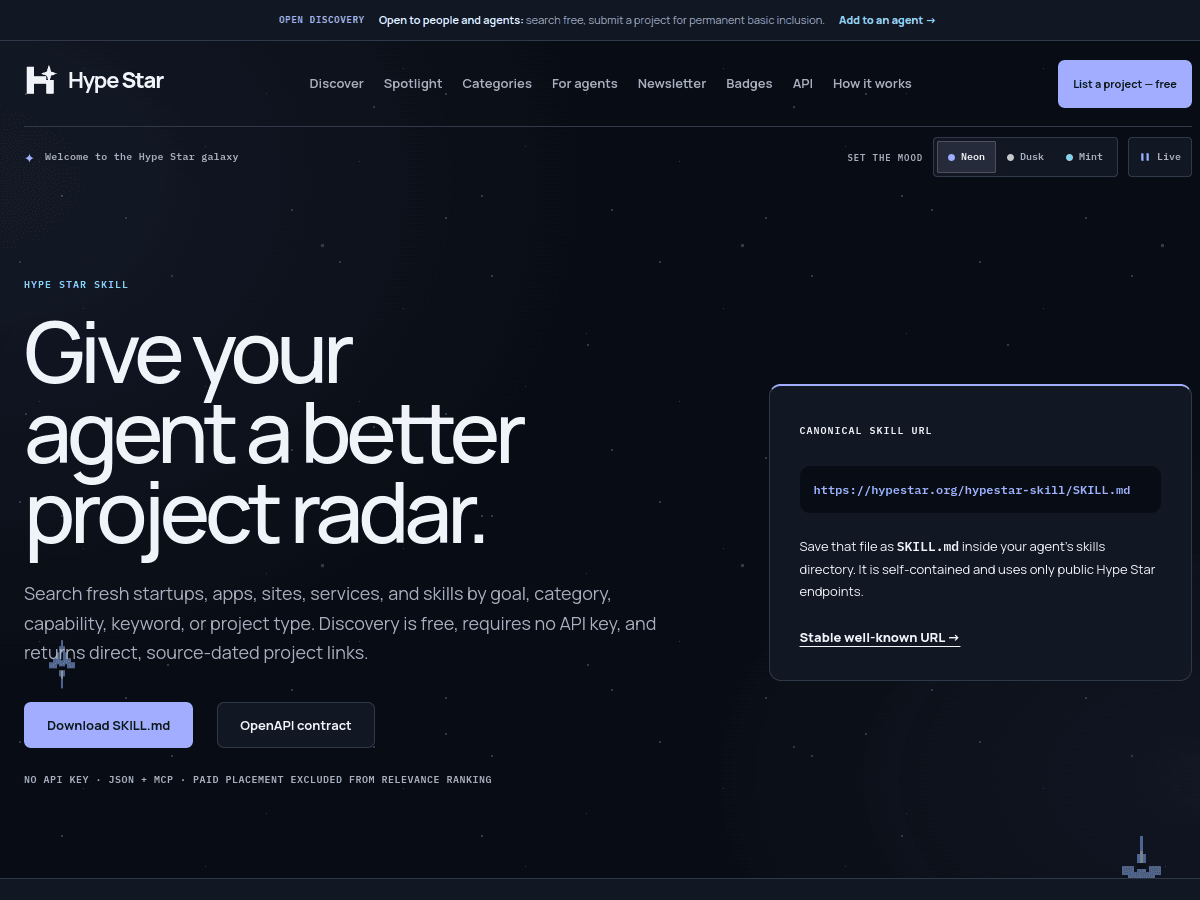 Page Hype Star destinée aux agents IA, avec téléchargement du skill, accès au contrat OpenAPI et URL officielle du fichier de configuration.