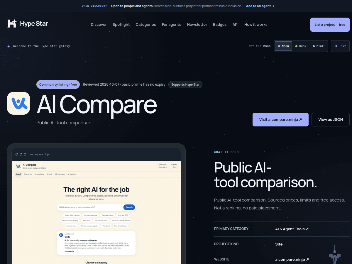 Exemple de fiche projet sur Hype Star : AI Compare, son aperçu de site, sa catégorie, son type et son lien officiel.