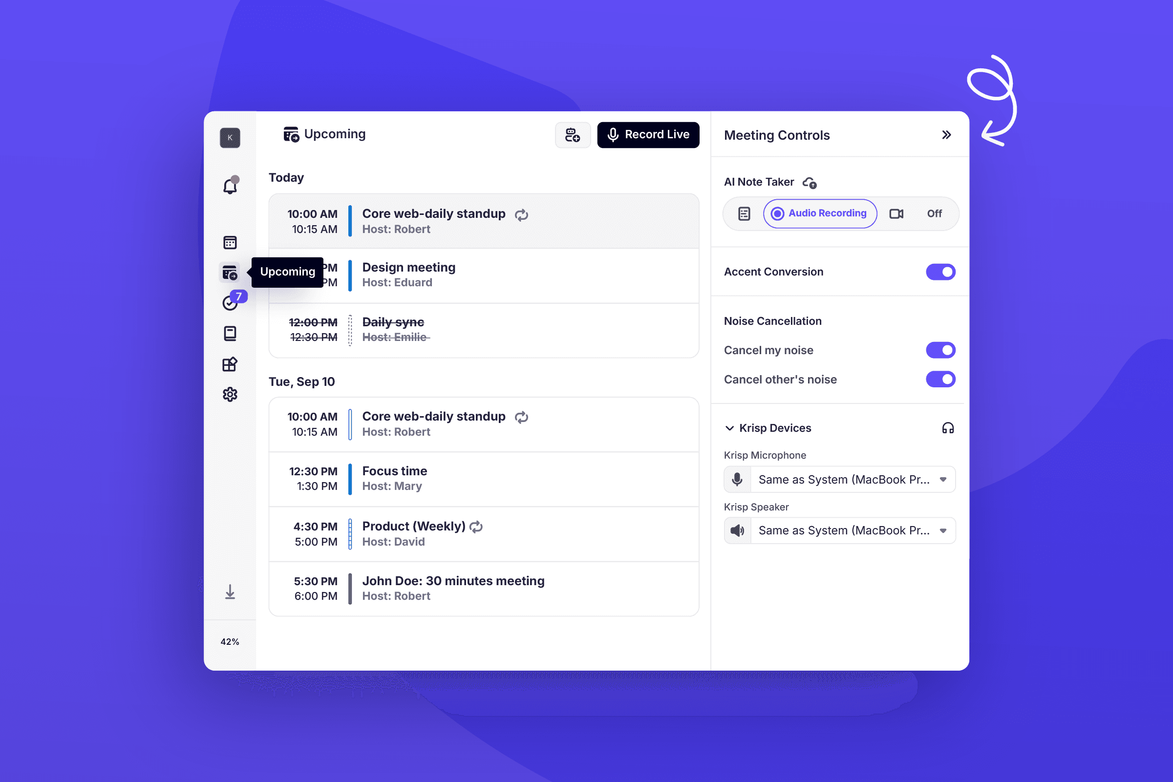 Application Krisp avec le calendrier des réunions et les commandes de transcription, d’enregistrement et de réduction du bruit.