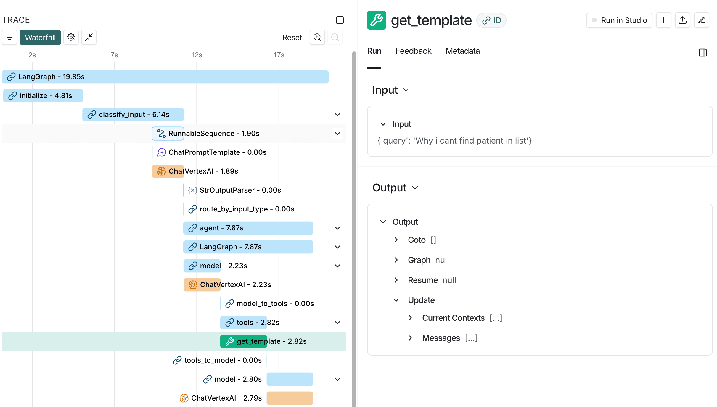 Capture d’écran d’une trace de workflow LangGraph affichant les temps d’exécution et les composants.