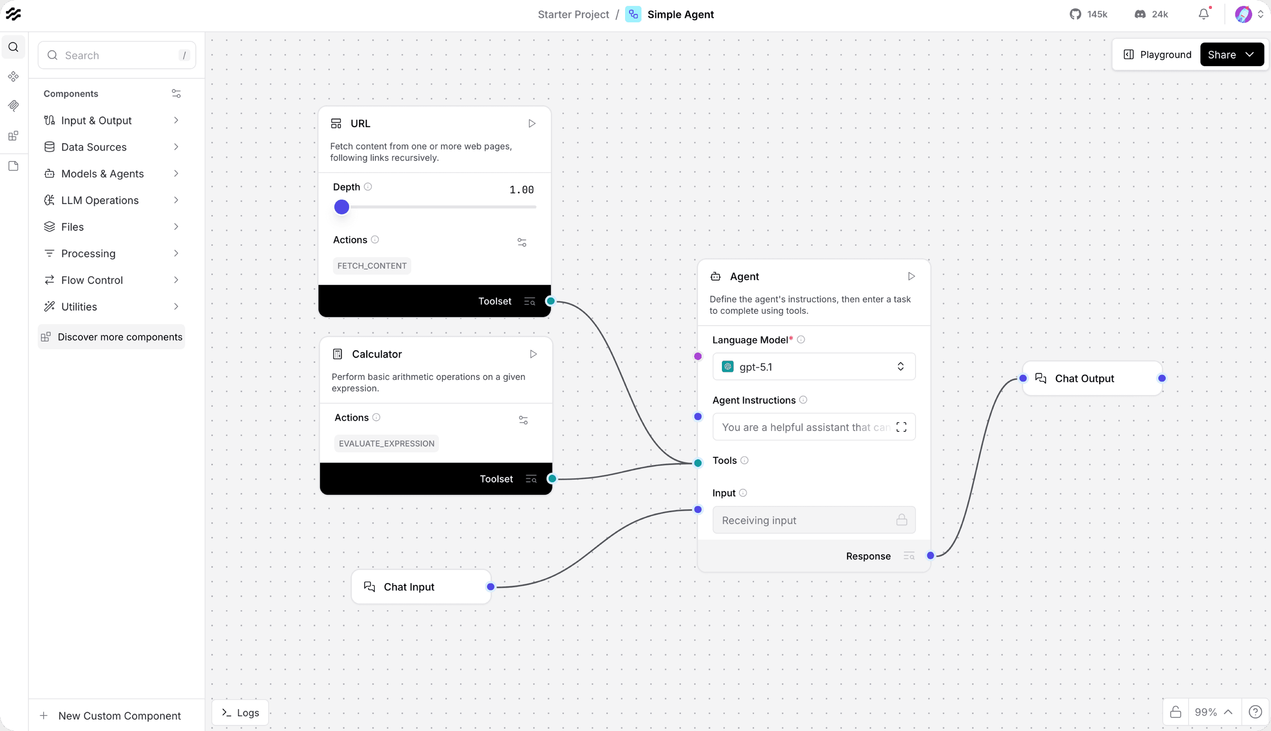 Éditeur visuel Langflow avec un agent relié à une source web, une calculatrice et une sortie de conversation.