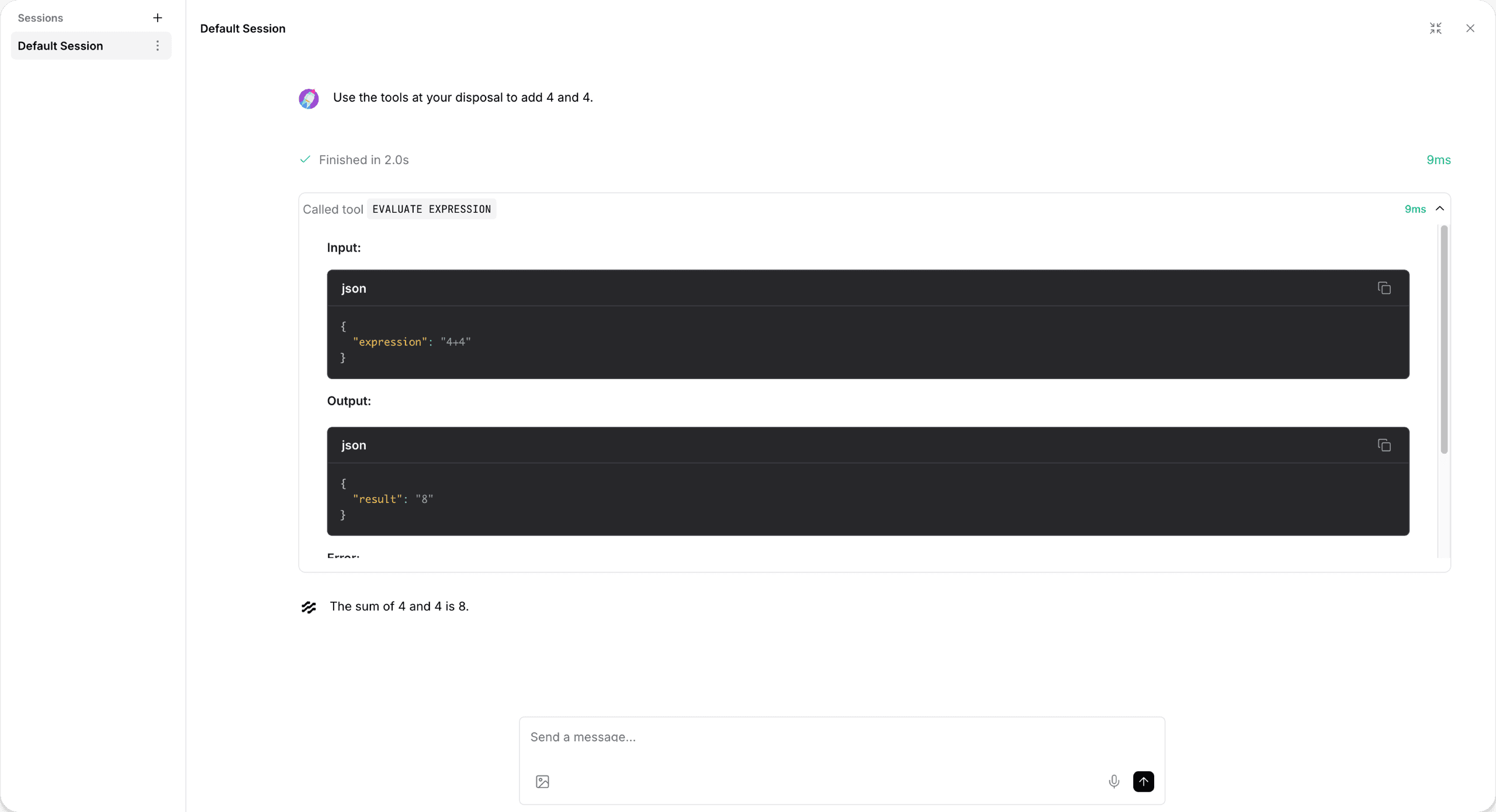 Playground Langflow affichant une conversation de test et les entrées et sorties d’un appel d’outil.