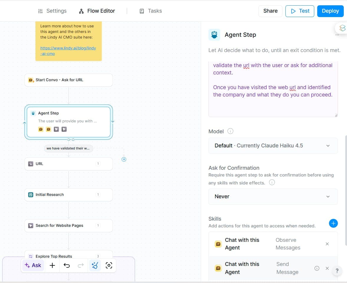 Capture d'écran de l'interface de l'éditeur de flux Lindy.ai affichant les étapes de l'agent et le flux de travail pour automatiser des tâches.