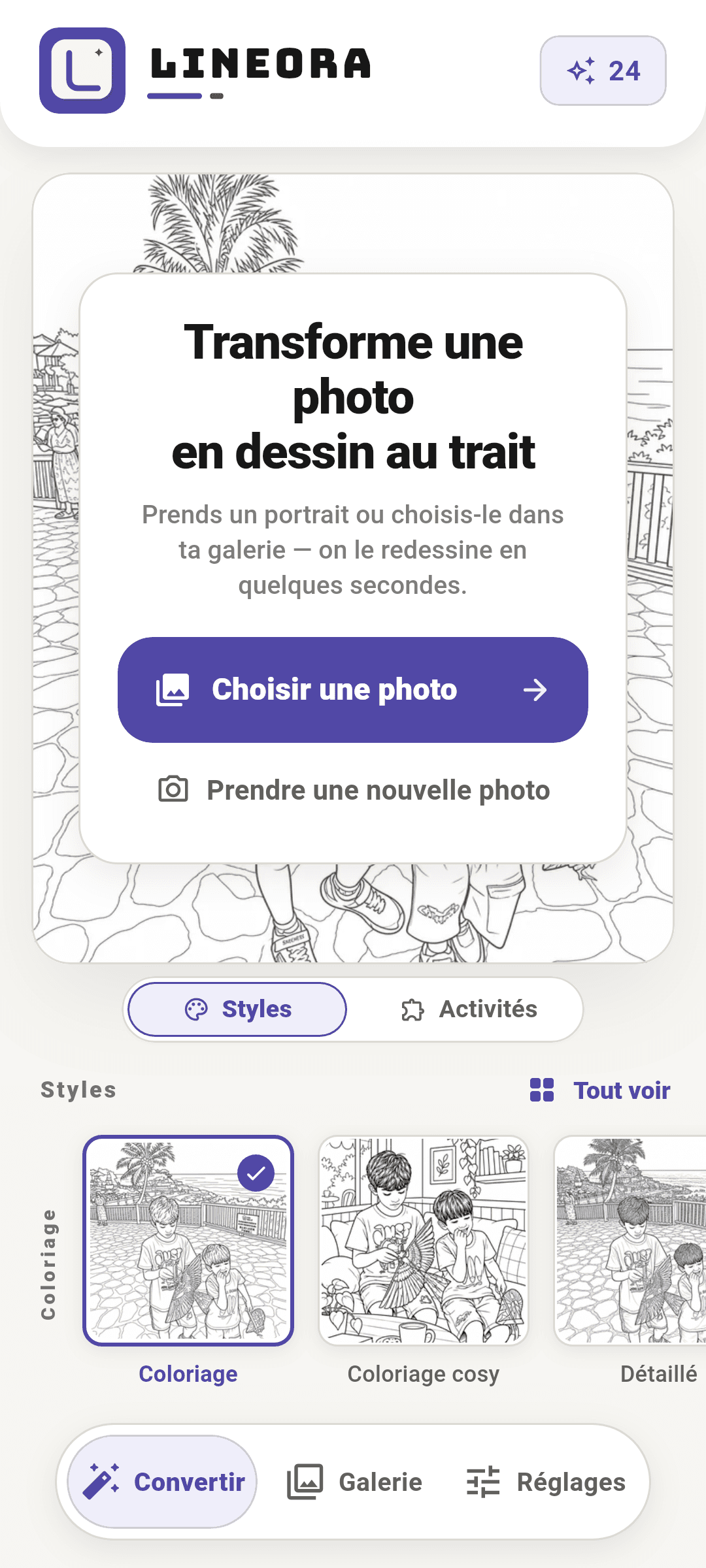 Interface réelle de Lineora en français : accueil et choix d’une photo.