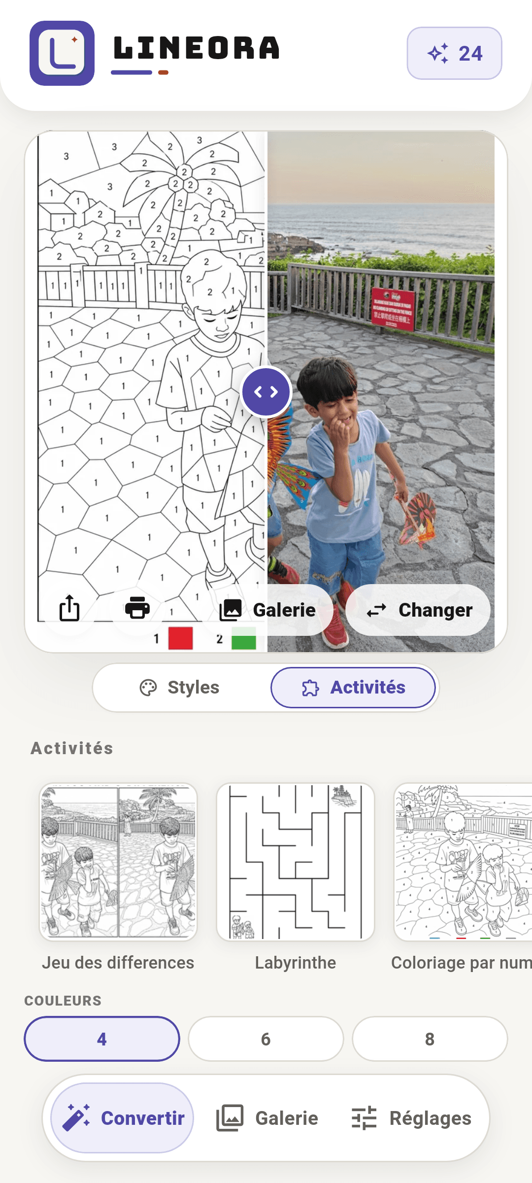 Interface réelle en français : activités créatives et comparaison avec la photo d’origine.