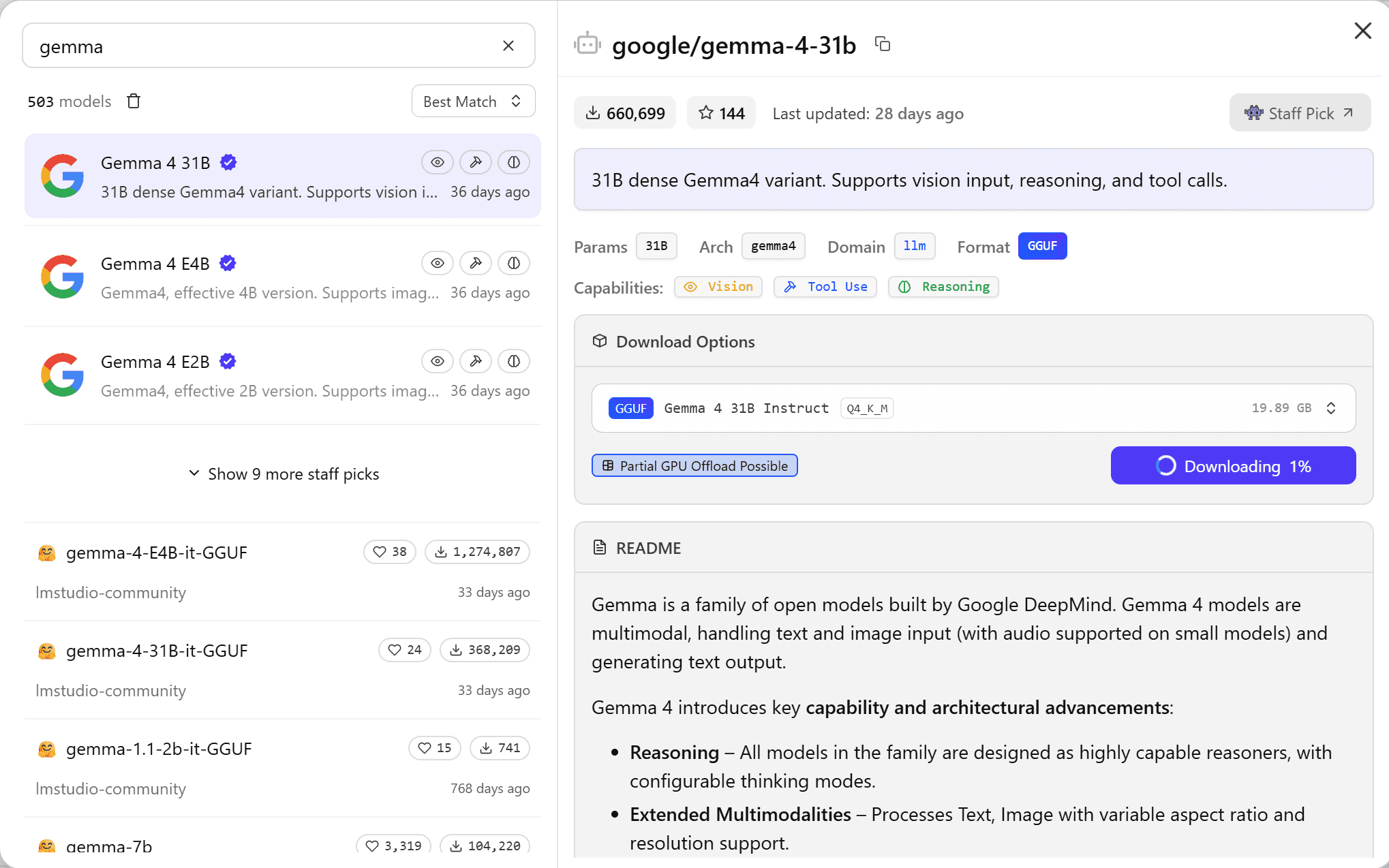 Capture d'écran de l'interface LM Studio montrant la recherche et le téléchargement de modèles de langage locaux.