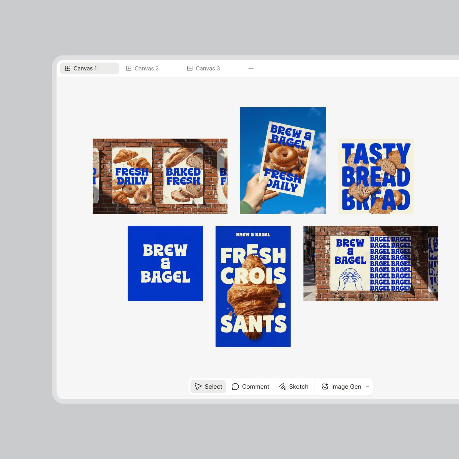 Canevas Lovart présentant plusieurs déclinaisons graphiques pour une marque de boulangerie de démonstration.
