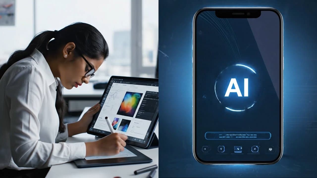 Un professionnel démontrant la création de scènes 3D alimentée par l'IA sur une tablette, à côté d'un smartphone affichant une interface d'IA.