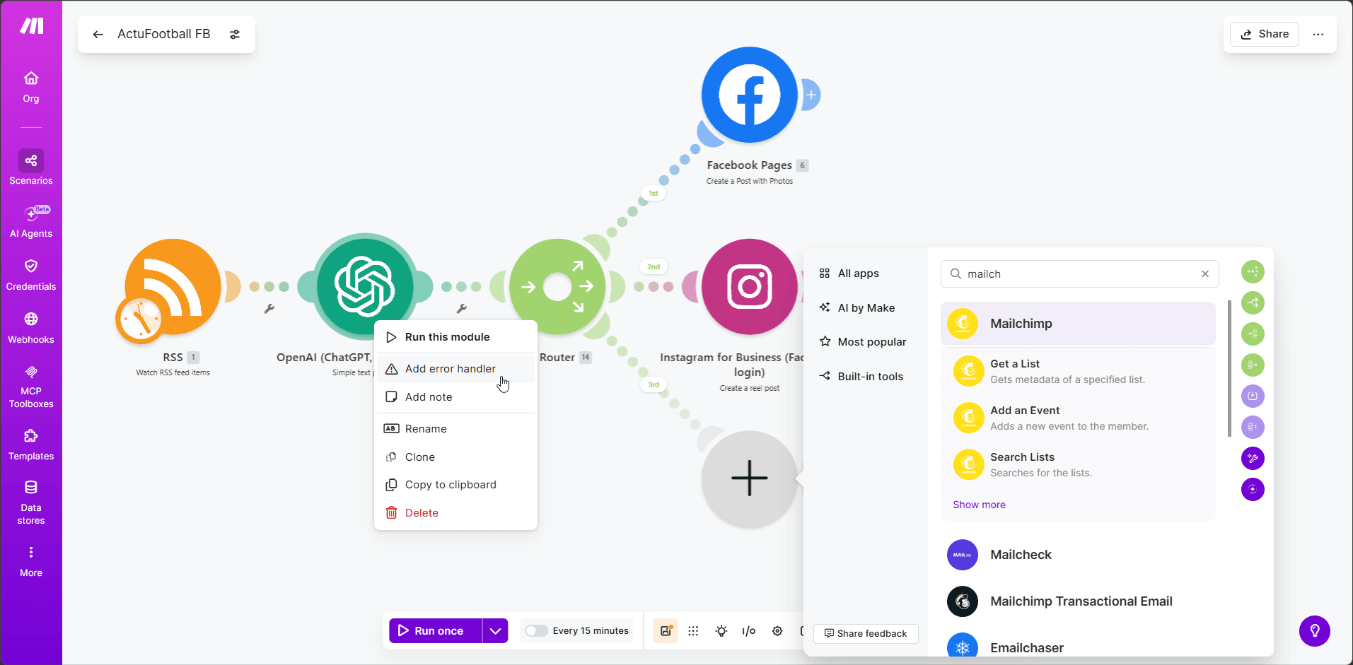 Interface montrant la création d’un workflow automatisé avec RSS, OpenAI, Facebook, Instagram et Mailchimp