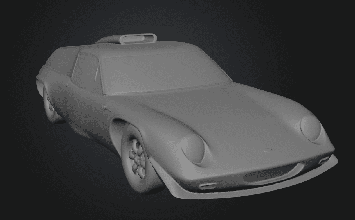 Un modèle 3D en niveaux de gris d'une voiture vintage avec une barre lumineuse montée sur le toit.