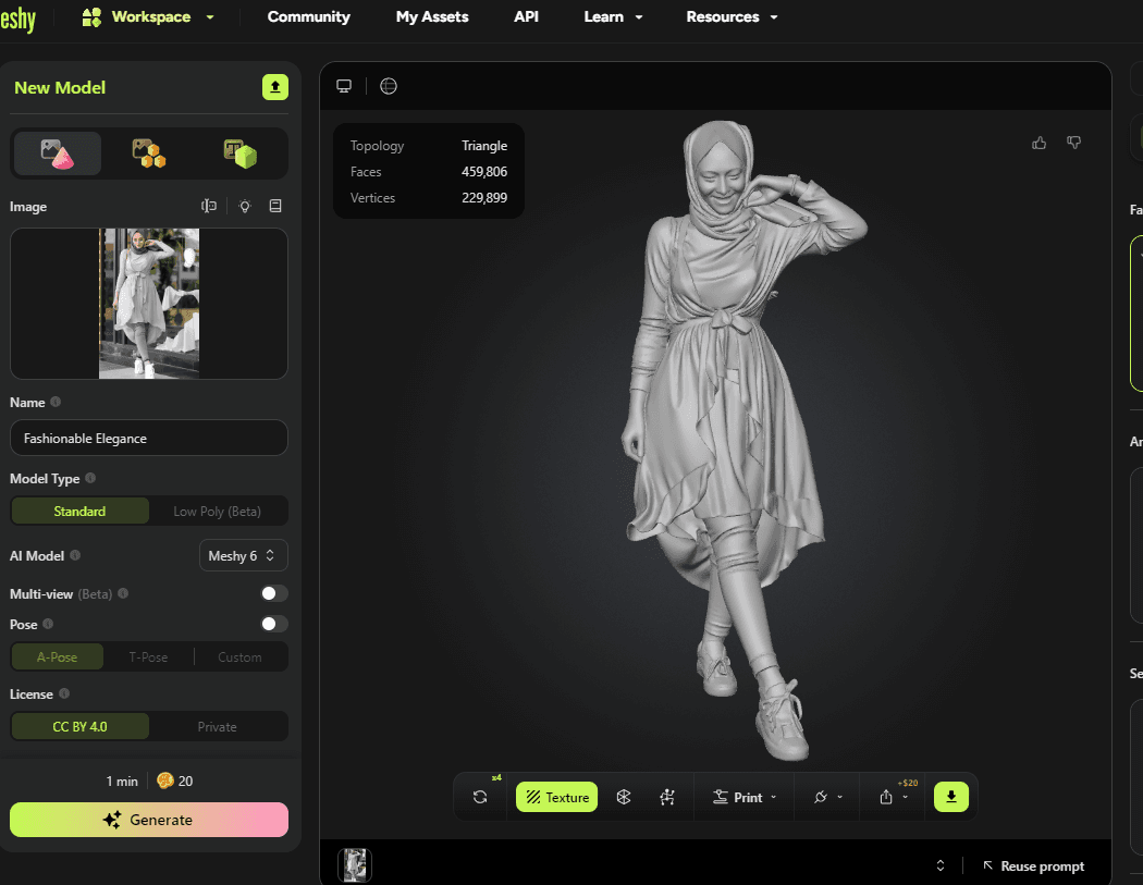 Un modèle 3D texturé d’une femme à la mode vêtue d’une tenue élégante, démontrant la génération 3D rapide et les capacités de texturage de Meshy.