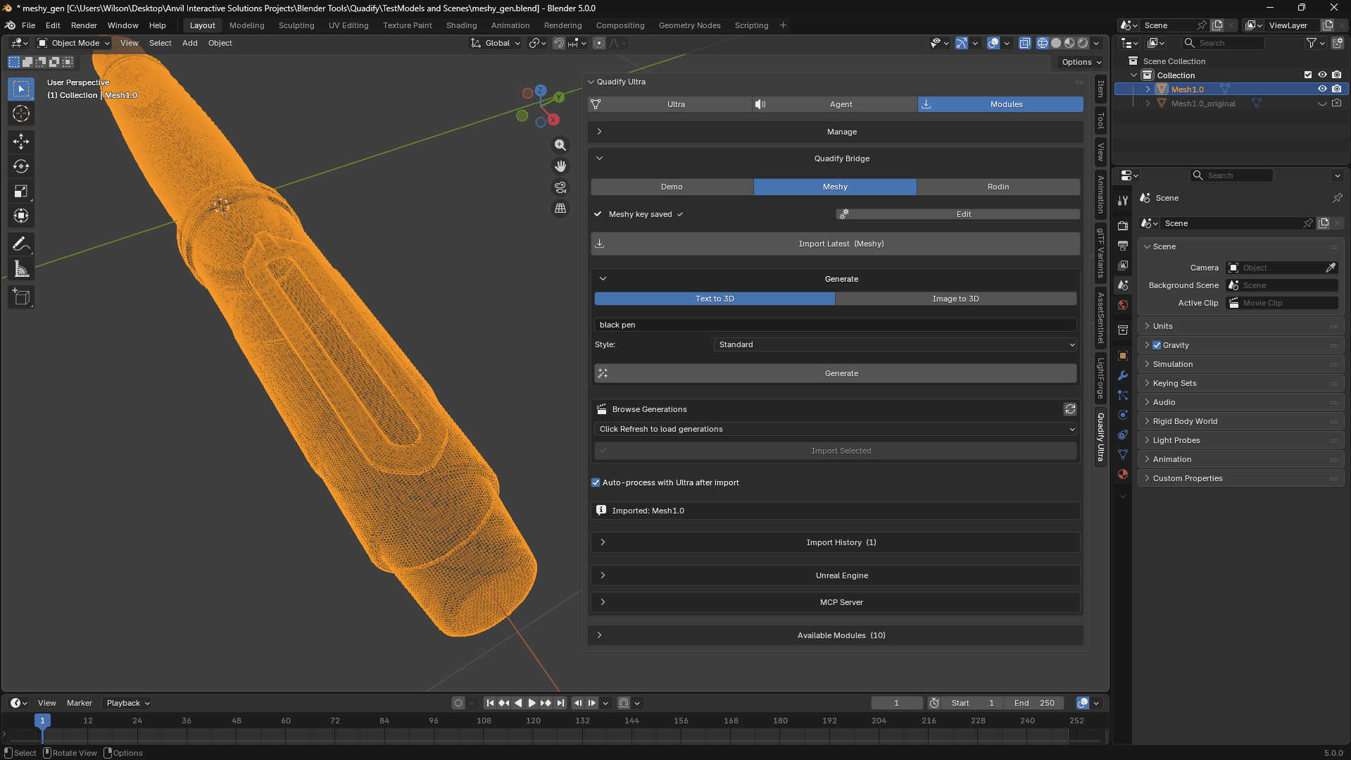 Modèle 3D texturé généré à partir du texte « stylo noir » via Meshy