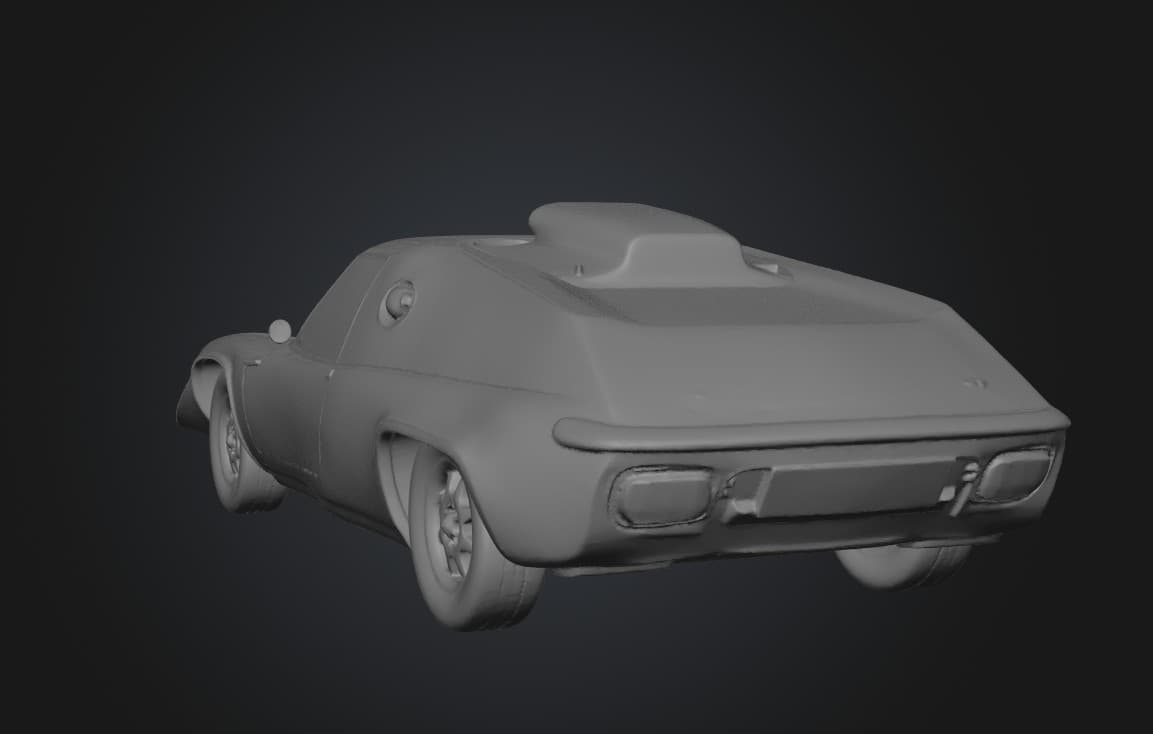 Un modèle 3D en niveaux de gris d'une voiture futuriste, mettant en valeur les fonctionnalités de modélisation 3D et de texturation de Meshy.