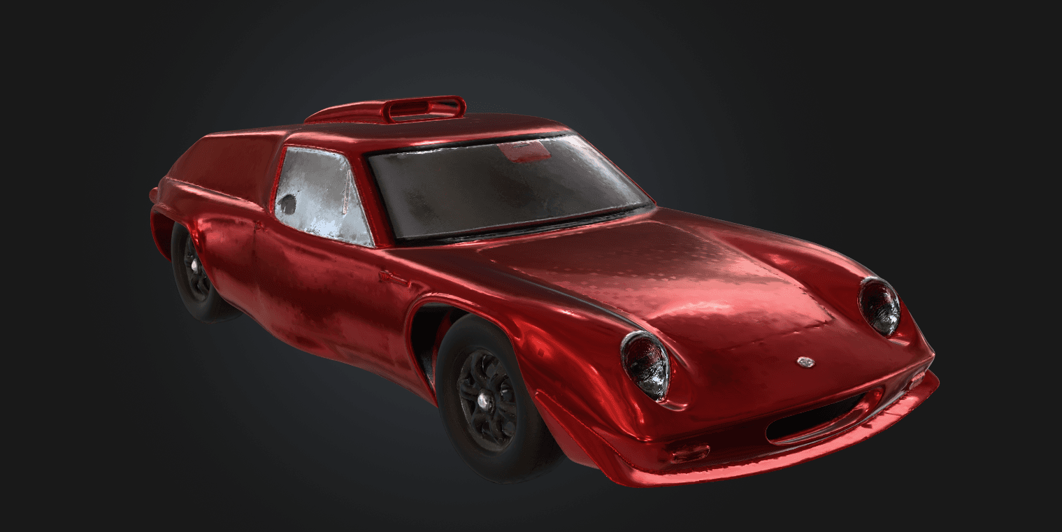 Un modèle 3D d'une voiture rouge au design épuré et aux caractéristiques modernes.