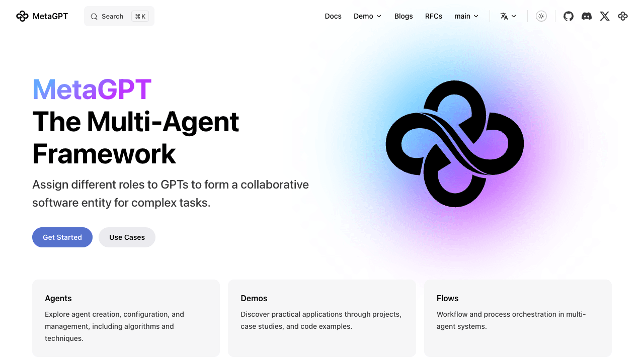 Page d'accueil de MetaGPT affichant le logo et la description du cadre multi-agents.