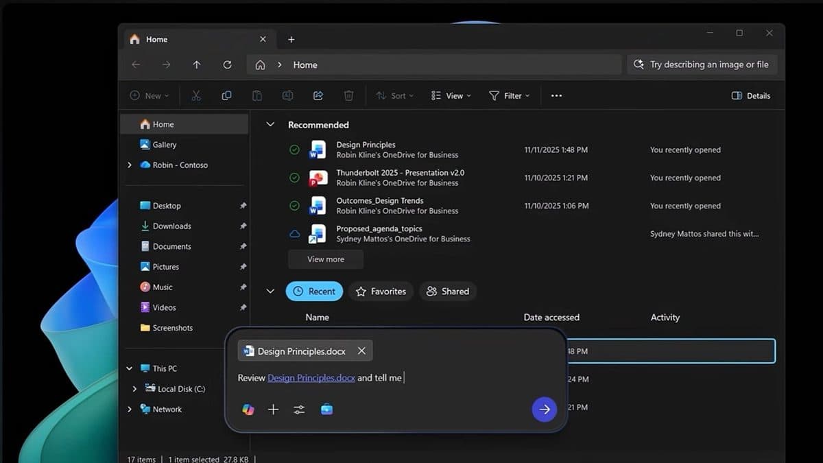 Capture de l’interface Microsoft Copilot dans Windows, illustrant l’assistance IA intégrée aux flux de travail Microsoft.