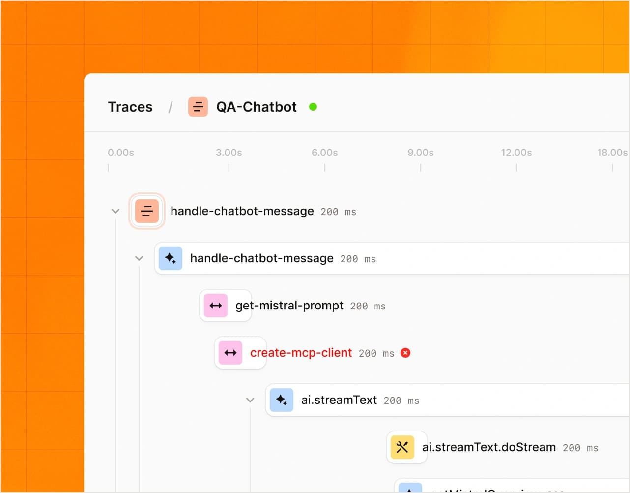 Démonstration d’observabilité dans Mistral Studio : trace d’un chatbot, appels de fonctions et durées des étapes.