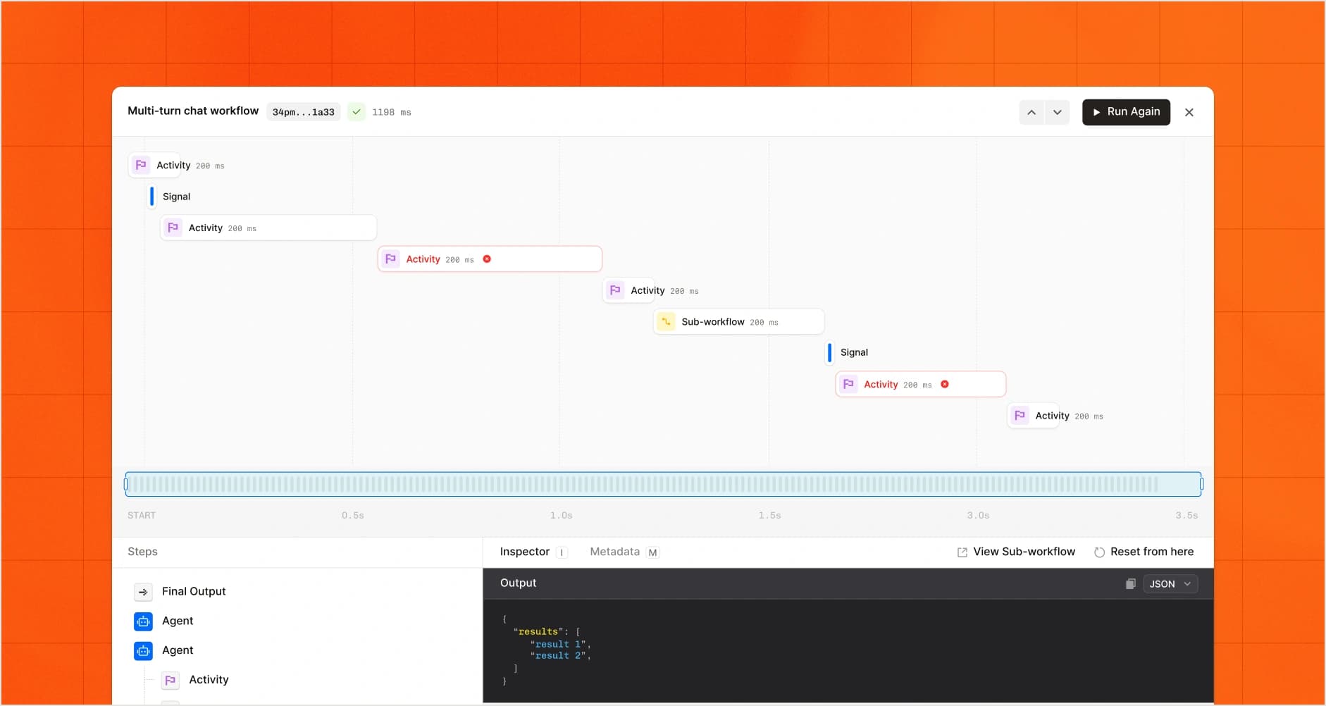Démonstration officielle de Mistral Studio : étapes d’un workflow de chat, durée d’exécution, inspecteur et sortie JSON.