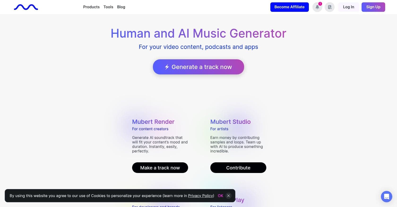 Capture d’écran de Mubert, générateur de musique par IA pour créer des pistes adaptées aux contenus vidéo, podcasts et applications.