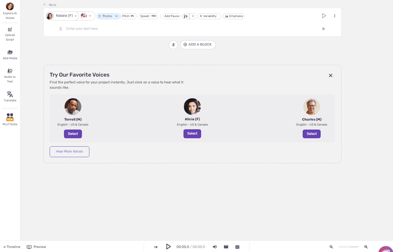 Capture d’écran de l’interface Murf.ai présentant un studio vocal IA pour transformer du texte en voix naturelles et expressives.