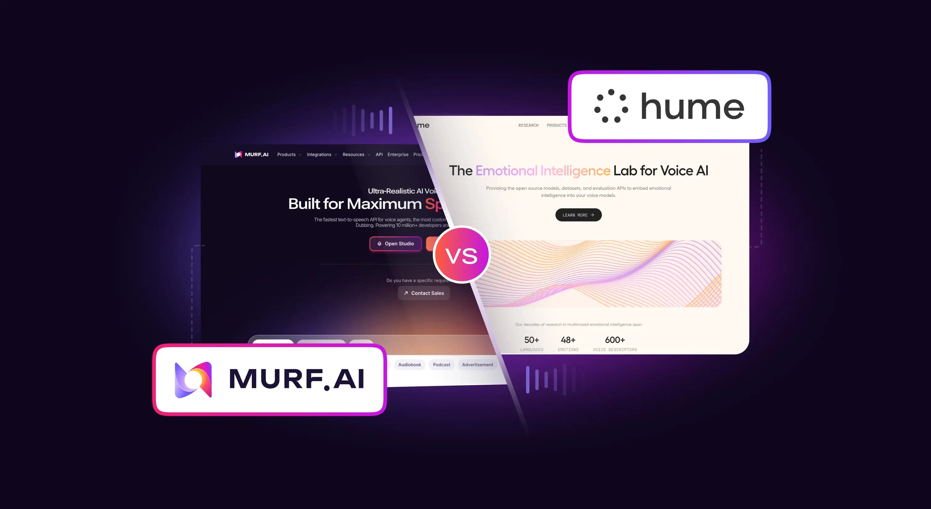 Visuel comparatif de Murf.ai face à Hume, montrant une solution d’IA vocale pour la synthèse vocale et les voiceovers.
