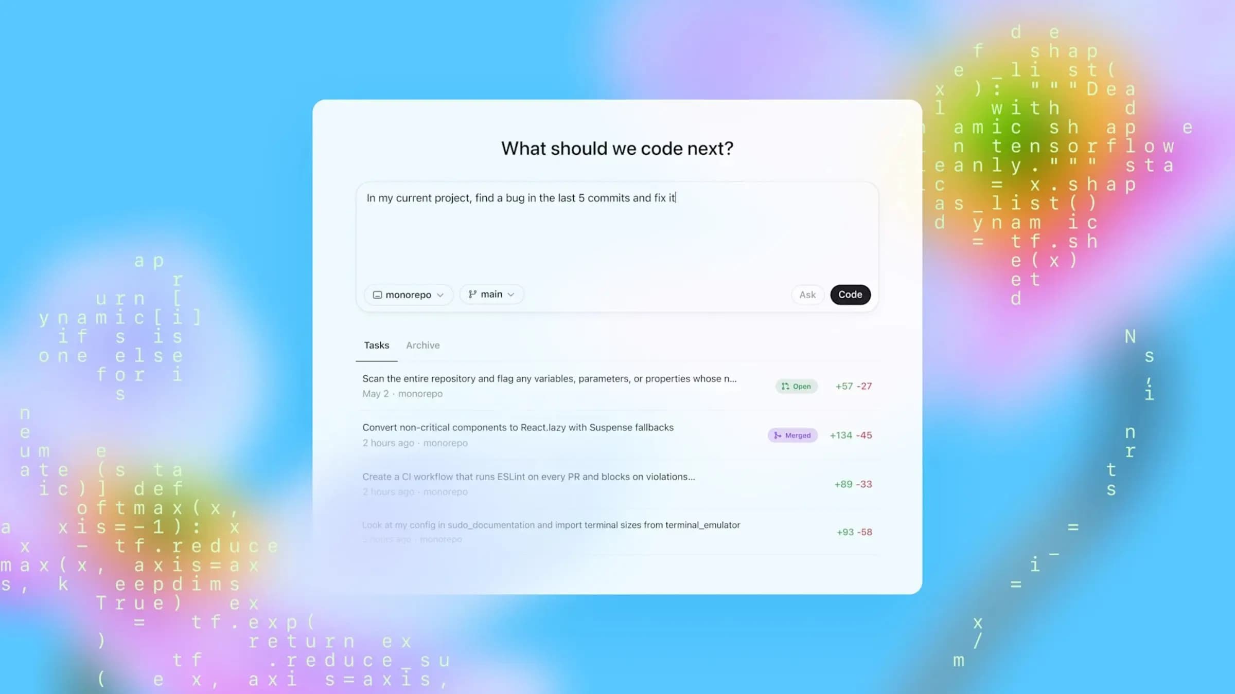 Interface pour demander des suggestions de code et consulter des tâches dans un assistant de codage IA.