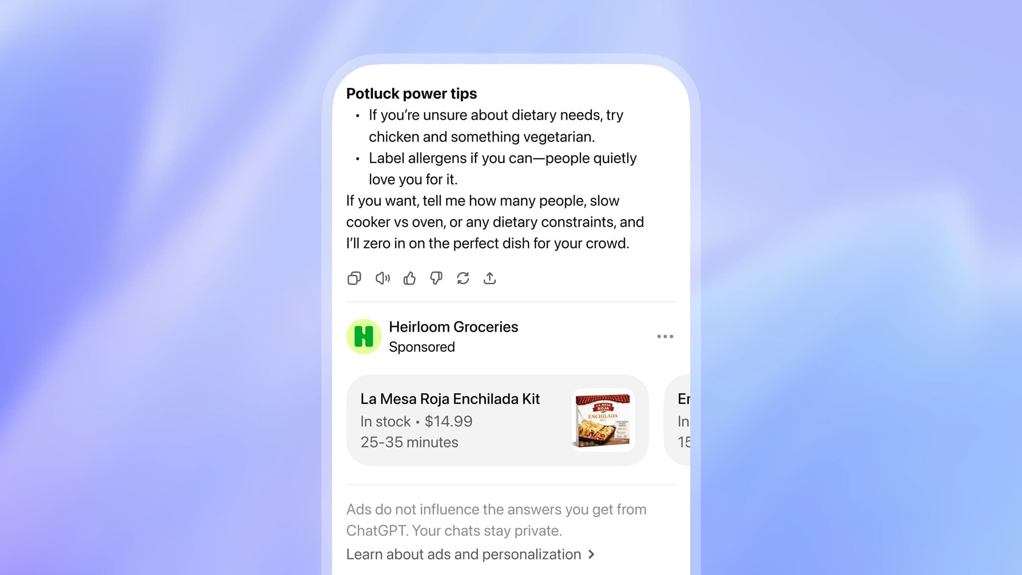 Capture d'écran d'une interface de chat donnant des conseils pour un repas-partage et présentant un produit sponsorisé : un kit d'enchiladas.