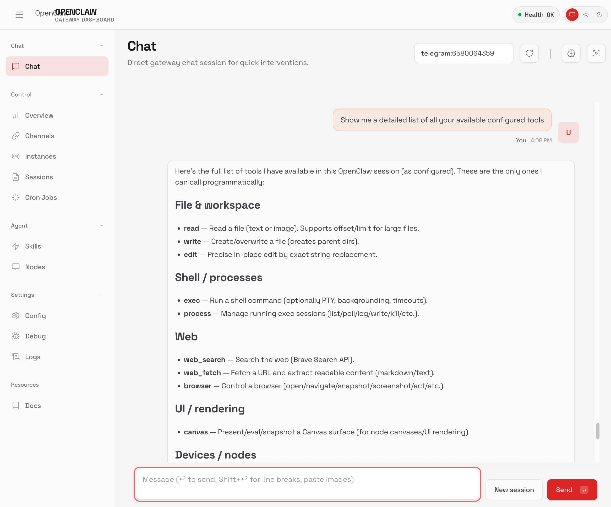 Capture d’écran de l’interface de chat du tableau de bord OpenClaw Gateway montrant les outils d’IA disponibles.