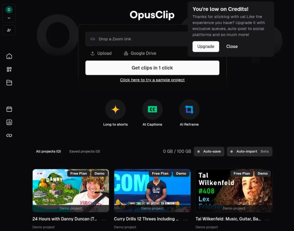 Capture d’écran de l’interface Opus Clip montrant la création de clips courts à partir de vidéos longues.