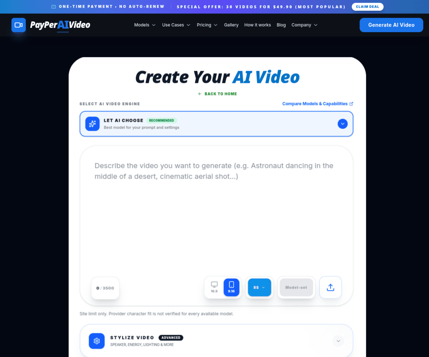 Éditeur PayPerVideo avec saisie du prompt, choix du moteur, format de sortie et durée de la vidéo.