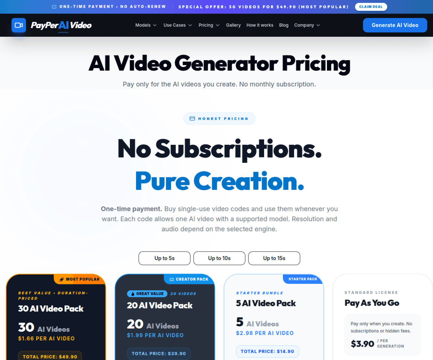 Page tarifs PayPerVideo avec packs de vidéos, choix de durée et paiement par génération sans abonnement.
