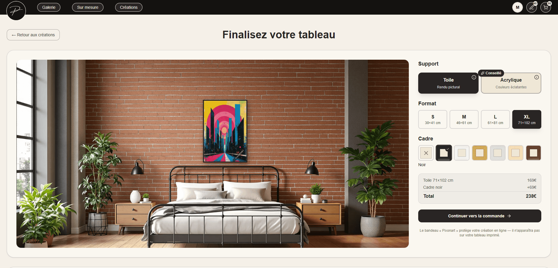 Choix du format, du support et du cadre, l'œuvre étant visualisée sur un mur.