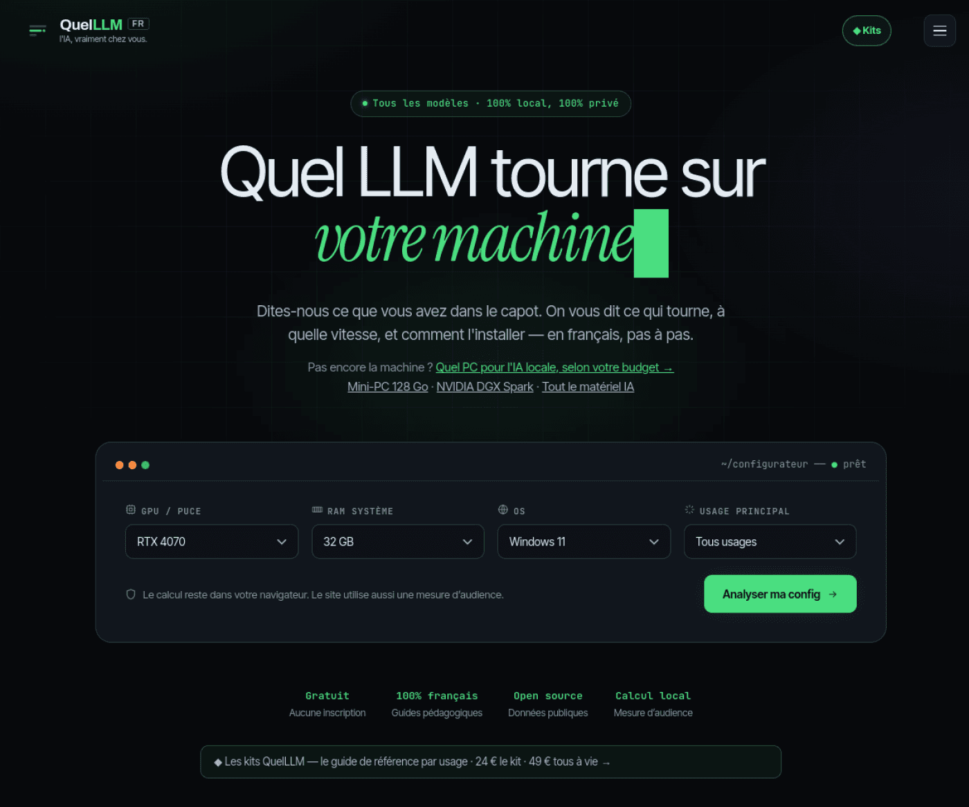 Accueil de QuelLLM avec le configurateur GPU, mémoire, système et usage pour choisir un modèle local.